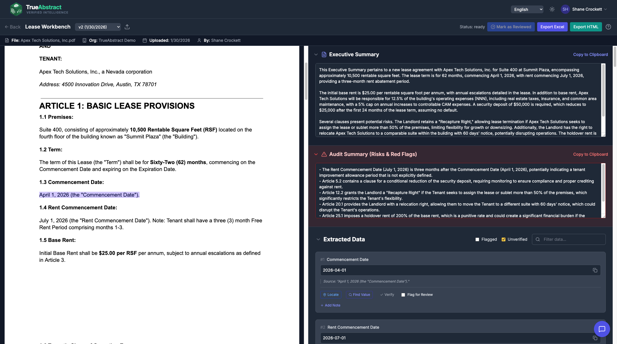 LeaseFlow Workbench showing AI lease extraction tools
