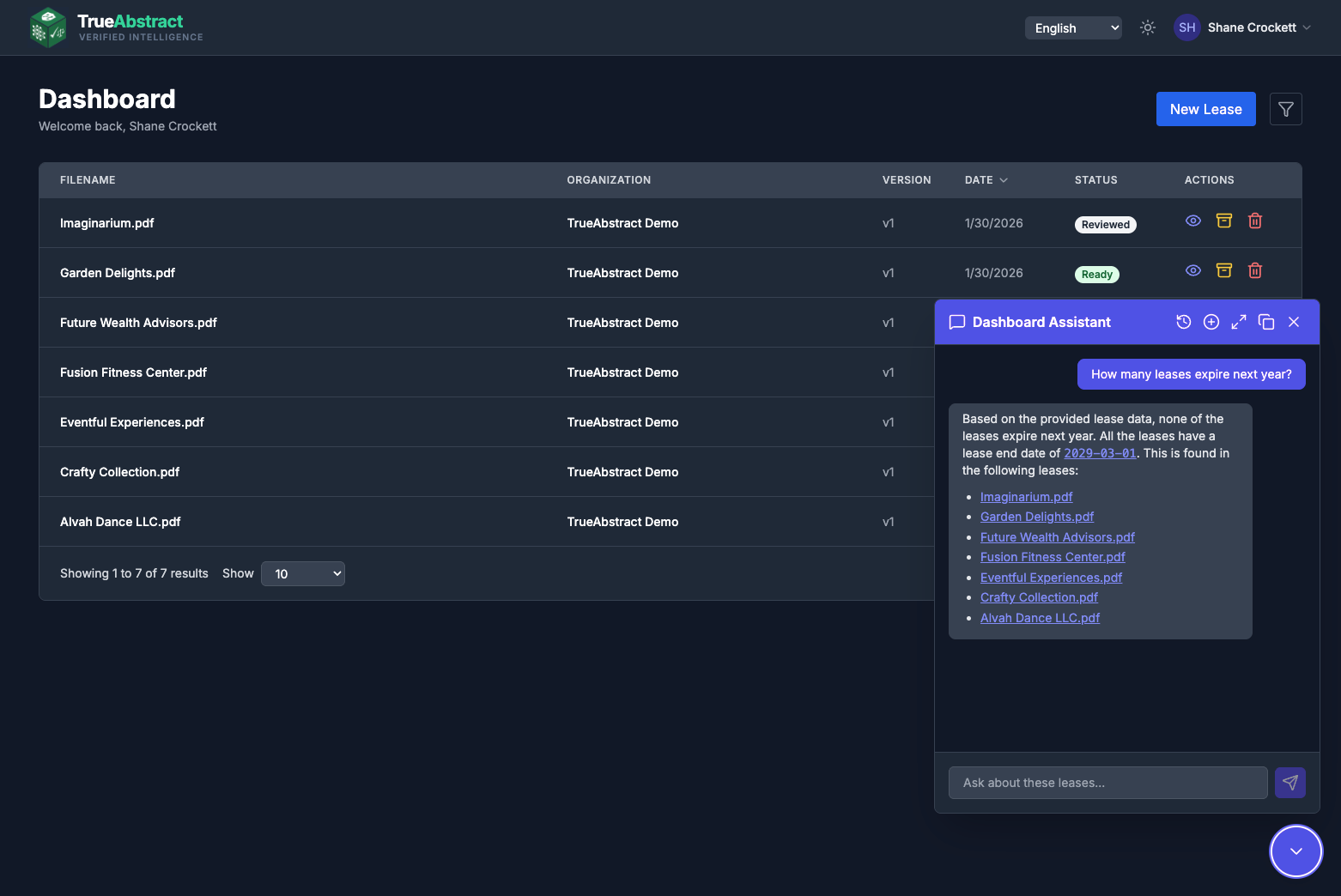 LeaseFlow Workbench showing list of leases and lease details